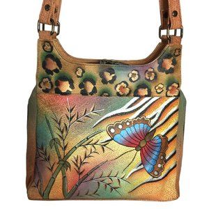 Anuschka NEVER USED Handpainted Leather Satchel Shoulder Bag Butterfly